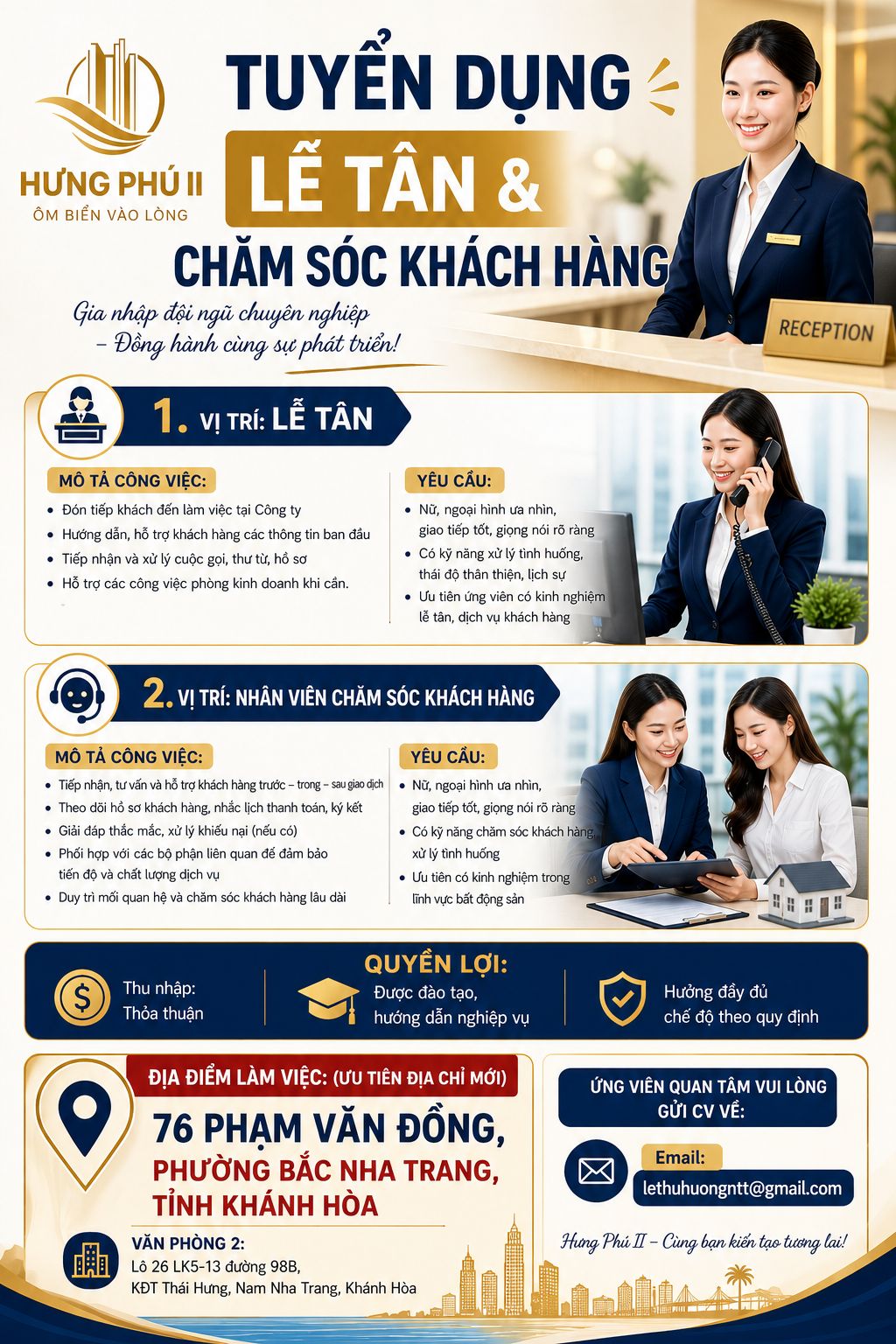 Dự án NOXH Hưng Phú 2 tuyển nhân viên chăm sóc khách hàng, lễ tân
