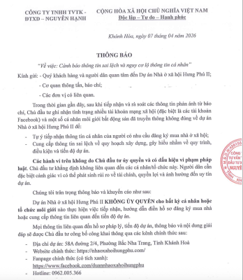 Thông báo Dự án NOXH Hưng Phú II không ủy quyền cho bất cứ tổ chức, cá nhân
